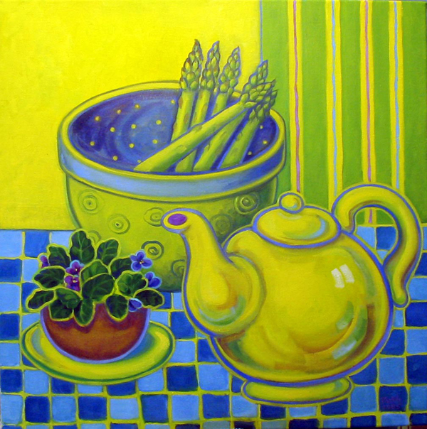 Still Life with Teapot and Asparagus , an oil painting by Ruth Councell